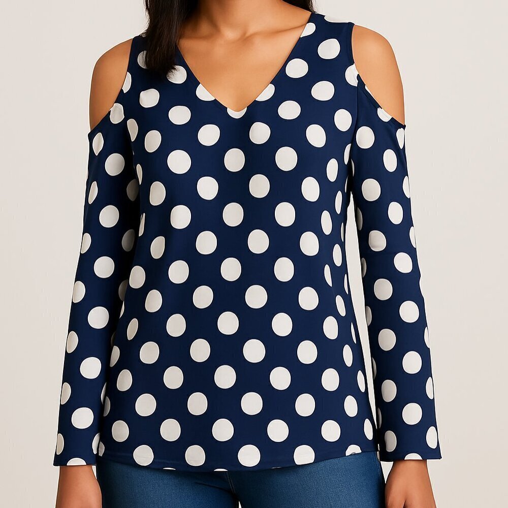 Karl Lagerfeld Blouse Size Small Blue White Cold Shoulder Polka Dot Casual